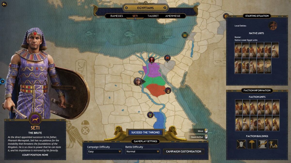 Total War: Pharaoh Seti selection screen.